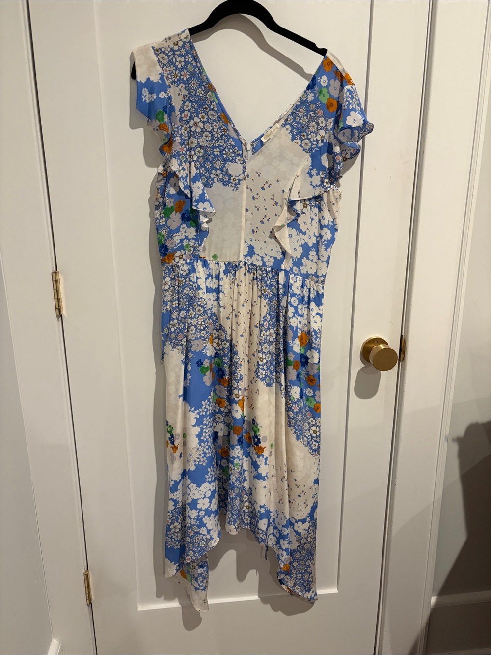 Shoshanna Blue, Cream and Orange Floral High-Low Midi Dress